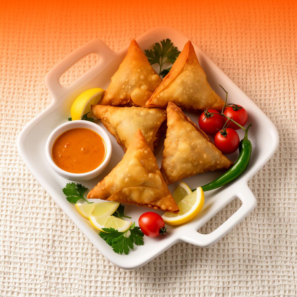 Royal Delight Beef Samosas plated with tamarind sauce