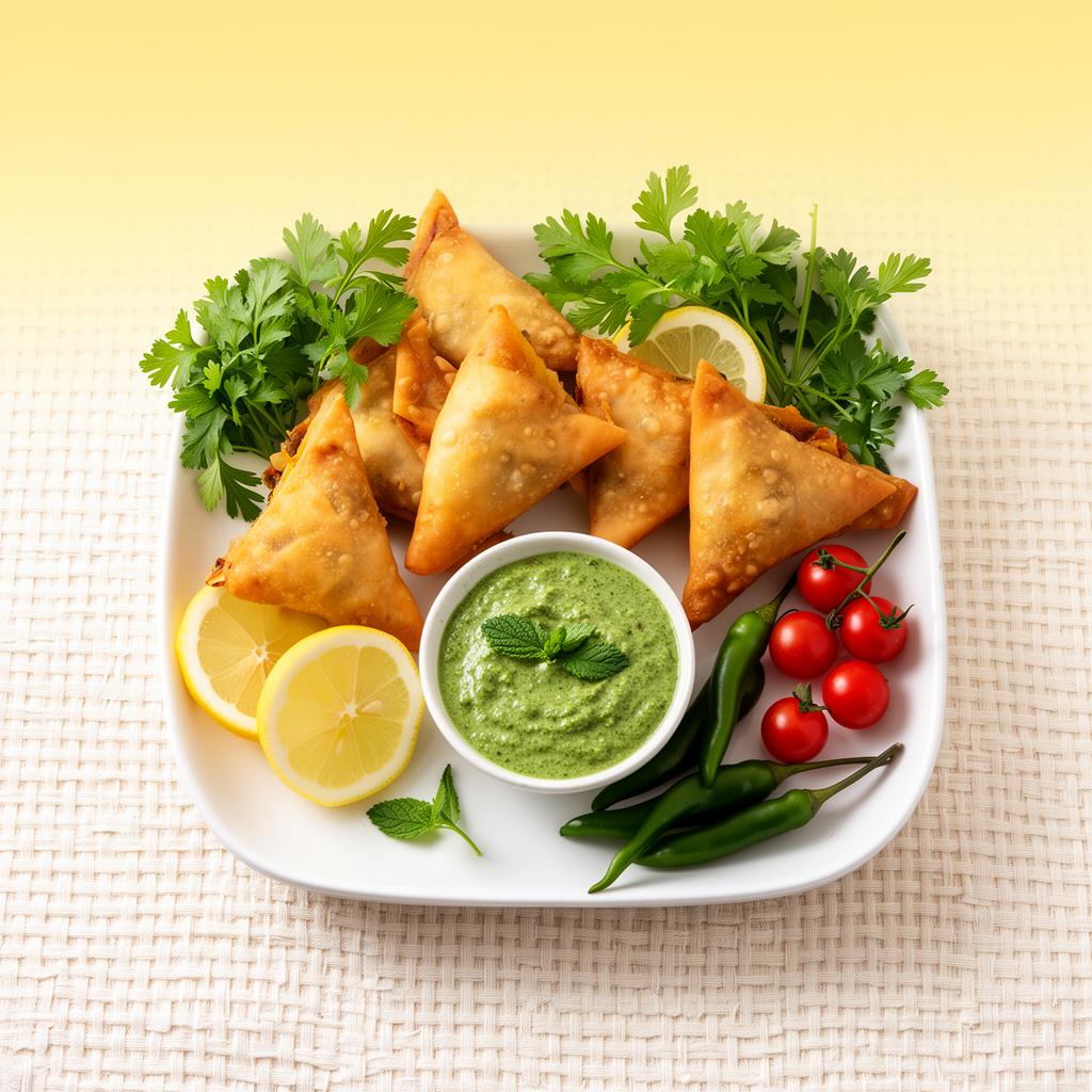 Royal Delight Vegetable Samosas plated with mint chutney