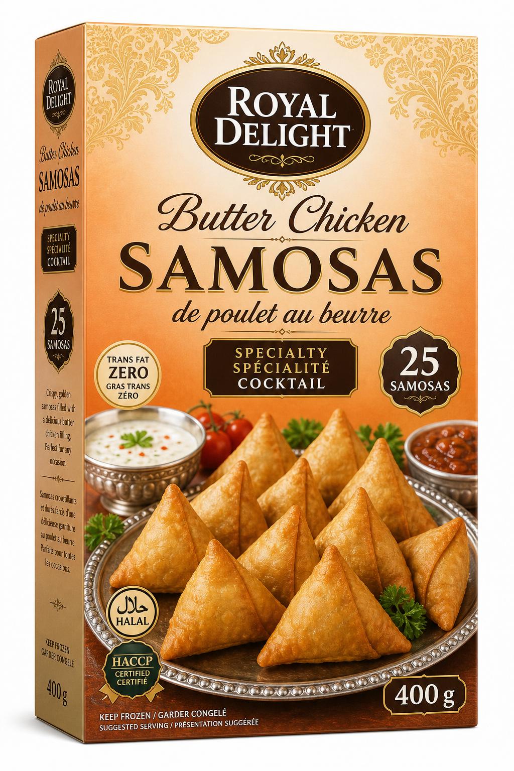 Royal Delight Butter Chicken Samosas packaging